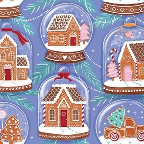 gingerbread houses in snow globes periwinkle large scale Christmas, xmas fabric WB22