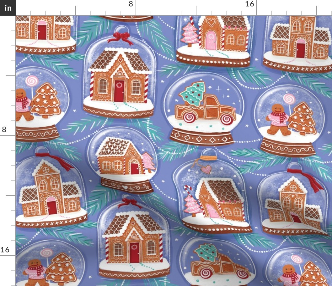 gingerbread houses in snow globes periwinkle large scale Christmas, xmas fabric WB22