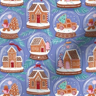 gingerbread houses in snow globes blush periwinkle small scale Christmas, xmas fabric WB22
