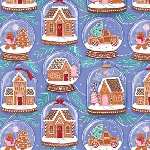 gingerbread houses in snow globes blush periwinkle small scale Christmas, xmas fabric WB22
