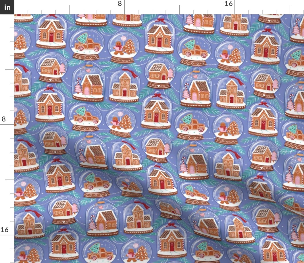 gingerbread houses in snow globes blush periwinkle small scale Christmas, xmas fabric WB22