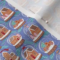 gingerbread houses in snow globes periwinkle tiny scale Christmas, xmas fabric WB22