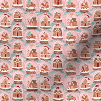 gingerbread houses in snow globes blush pink tiny scale Christmas, xmas fabric WB22