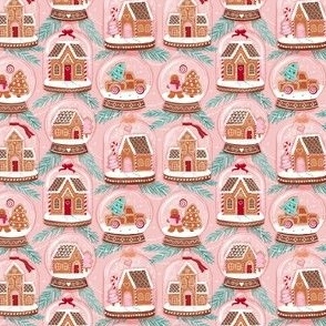 gingerbread houses in snow globes blush pink tiny scale Christmas, xmas fabric WB22