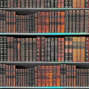 Antique Vintage  preppy books on bookshelves 12” repeat Greys, orange and blues hues