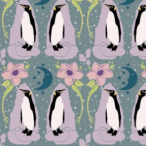 The dreaming penguins with sky and pink flowers
