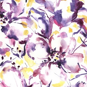 xl - Loose waterclor abstract florals - orchid style purple and yellow