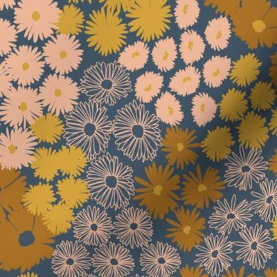 Aster Flower Patchwork | cream, blue, and yellow, flower fields, hand drawn botanicals