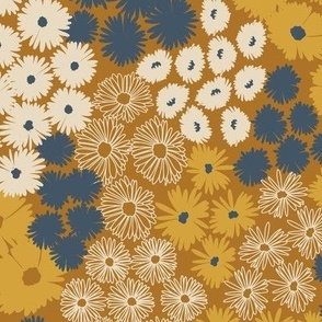 Aster Field | yellow and blue, hand drawn patchwork florals, detailed flower design