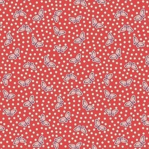 Calico style polka dots and cute butterflies scattered on bright red - small print 