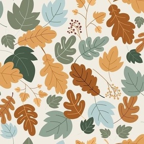 Fall leaves with orange, rust, olive green and baby blue
