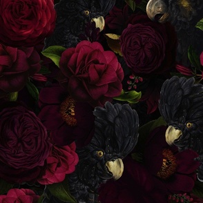 21"  Dark Antique Moody Florals And Black Cockatoos - Gothic Real Burgundy Wintry And Autumnal Peonies