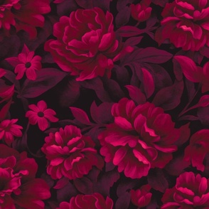 Velveteen Dark Moody Flowers Burgundy Crimson Magenta Red Floral Baroque Luxury Opulenz Medium Scale