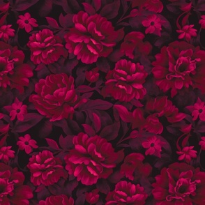 Velveteen Dark Moody Flowers Burgundy Crimson Magenta Red Floral Baroque Luxury Opulenz Smaller Scale