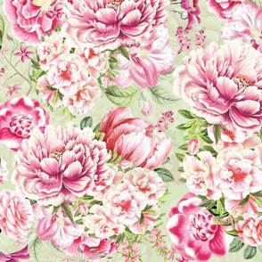 Opulent Baroque Pink Vintage Springflowers Peonies Bouquets- light green