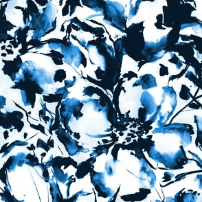 xl - Loose waterclor abstract florals - indigo and prussian blue and white