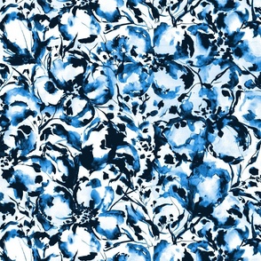 large - Loose waterclor abstract florals - indigo and prussian blue and white