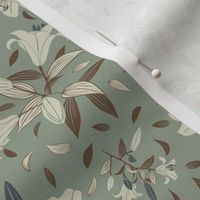 Neutral Lily Garden: Ivory and Brown Floral Flourish on Muted Pale Green