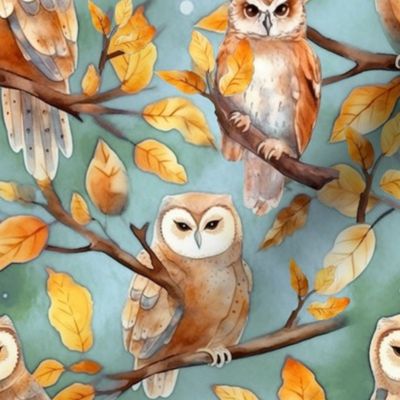 Watercolor owls on tree green
