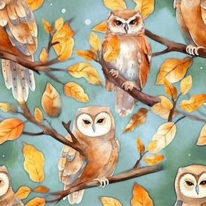 Watercolor owls on tree green