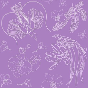 Birds of Paradise with Flowers & Foliage - White Line Art on Lavender