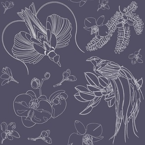 Birds of Paradise with Flowers & Foliage - White Line Art on Purple Steel
