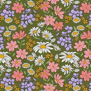 A bouquet of wildflowers - spring garden with poppy flowers coneflower and daisies  retro groovy palette pink bright lilac orange on olive green 