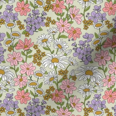 A bouquet of wildflowers - spring garden with poppy flowers coneflower and daisies  retro groovy palette pink bright lilac orange on mist green 