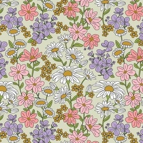 A bouquet of wildflowers - spring garden with poppy flowers coneflower and daisies  retro groovy palette pink bright lilac orange on mist green 