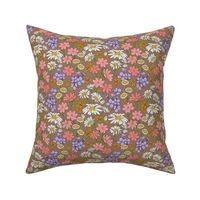 A bouquet of wildflowers - spring garden with poppy flowers coneflower and daisies  retro groovy palette pink bright lilac orange on coffee brown 