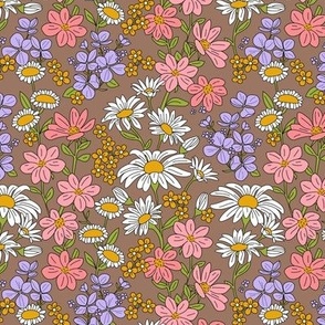 A bouquet of wildflowers - spring garden with poppy flowers coneflower and daisies  retro groovy palette pink bright lilac orange on coffee brown 