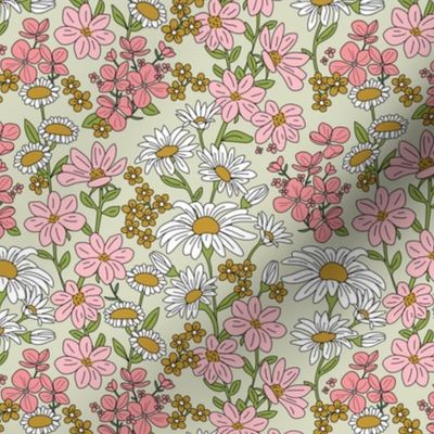 A bouquet of wildflowers - spring garden with poppy flowers coneflower and daisies  retro groovy palette pink ochre yellow olive on mist green 