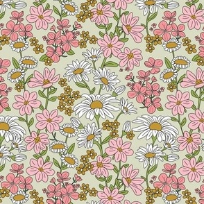 A bouquet of wildflowers - spring garden with poppy flowers coneflower and daisies  retro groovy palette pink ochre yellow olive on mist green 