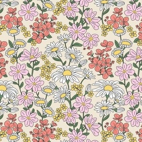 A bouquet of wildflowers - spring garden with poppy flowers coneflower and daisies  pink coral olive yellow on sand cream 