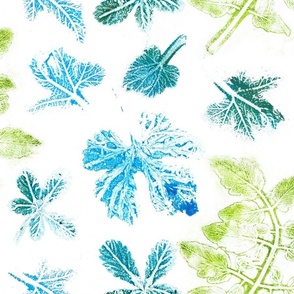 scattered leaves monoprints green-blue large scale