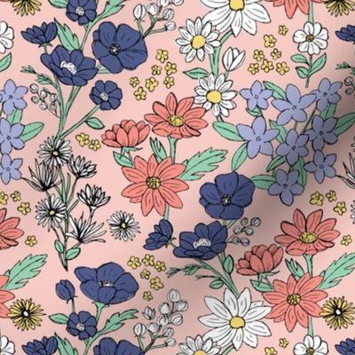 Sketched spring garden raw wildflowers spring fields - freehand drawn flower design scandinavian retro groovy palette periwinkle blue coral on blush 