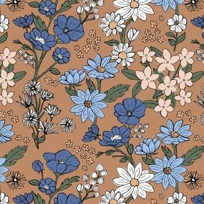 Sketched spring garden raw wildflowers spring fields - freehand drawn flower design scandinavian retro groovy palette periwinkle blue blush on caramel burnt orange 