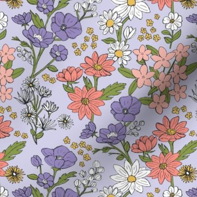 Sketched spring garden raw wildflowers spring fields - freehand drawn flower design scandinavian retro groovy palette lilac coral green