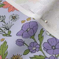 Sketched spring garden raw wildflowers spring fields - freehand drawn flower design scandinavian retro groovy palette lilac coral green
