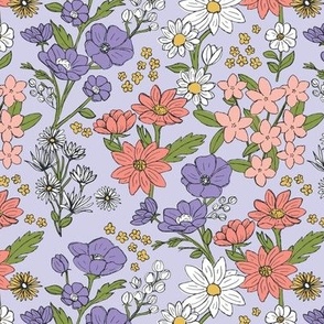 Sketched spring garden raw wildflowers spring fields - freehand drawn flower design scandinavian retro groovy palette lilac coral green