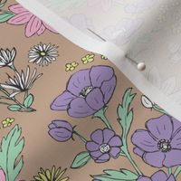 Sketched spring garden raw wildflowers spring fields - freehand drawn flower design scandinavian retro groovy palette lilac pink orange mint on latte beige 