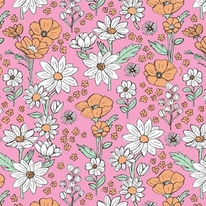 Sketched raw wildflowers spring fields - freehand drawn flower design scandinavian white mint green orange on pink
