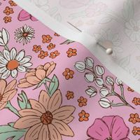 Sketched raw wildflowers spring fields - freehand drawn flower design scandinavian white orange pink