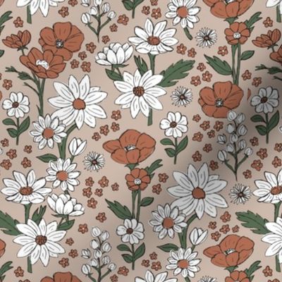 Sketched raw wildflowers spring fields - freehand drawn flower design scandinavian white vintage red green on tan
