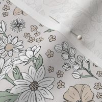Sketched raw wildflowers spring fields - freehand drawn flower design scandinavian vintage green beige on sand
