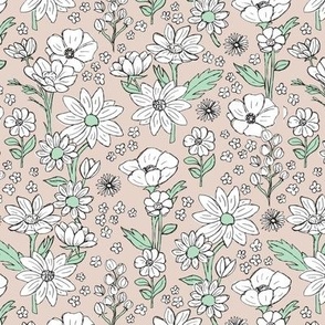 Sketched raw wildflowers spring fields - freehand drawn flower design scandinavian white mint green on sand