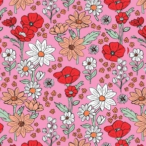 Sketched raw wildflowers spring fields - freehand drawn flower design red poppy orange white on pink