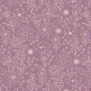 Scandinavian wildflowers - raw freehand springtime flowers boho minimalist botanical nature cream on mauve purple 