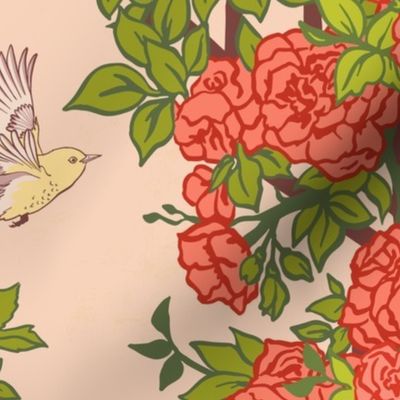 Rose Trellis and Birds - Peach