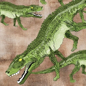 Large green Postosuchus against textured brown background 